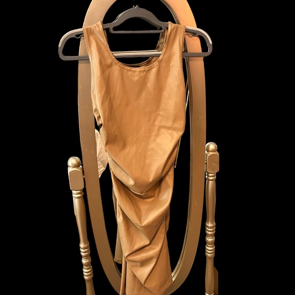 Faux Leather Sculpted Minidress, Tan, S6, NWT, Bodycon - Picture 6 of 8